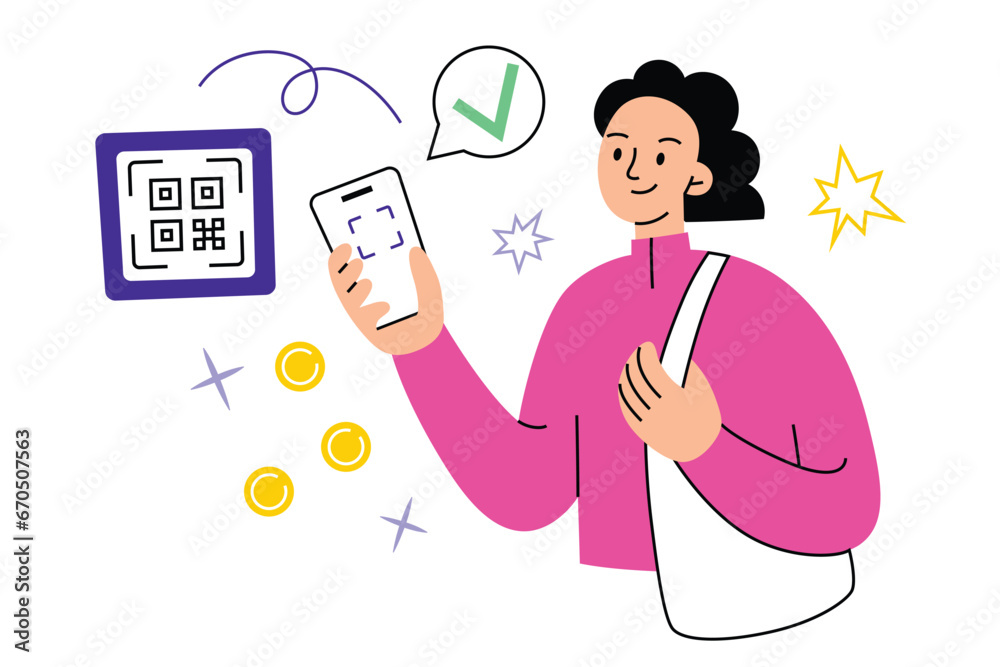 Woman pays with qr code, contactless payment hand drawn composition, coins doodle icons, vector illustration of shopping, person uses smartphone to pay, qr code scan technology, mobile bank app, Woman pays with qr code, contactless payment hand drawn composition, coins doodle icons, vector illustration of shopping, person uses smartphone to pay, qr code scan technology, mobile bank app,
