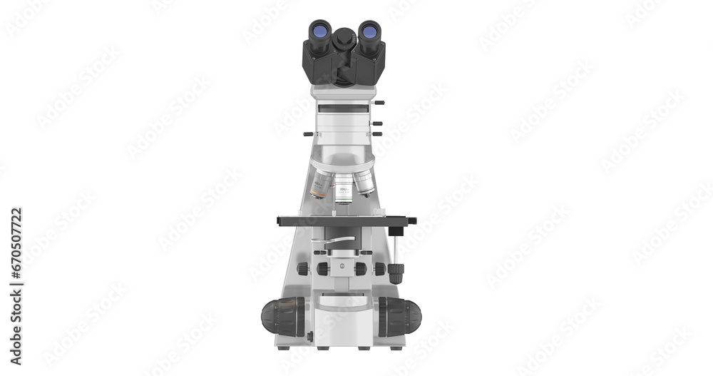 Realistic 3d illustration of a microscope. Pharmaceutical and educational tool. A magnifying tool for research. Orthogonal front view. Isolated on white background Realistic 3d illustration of a microscope. Pharmaceutical and educational tool. A magnifying tool for research. Orthogonal front view. Isolated on white background