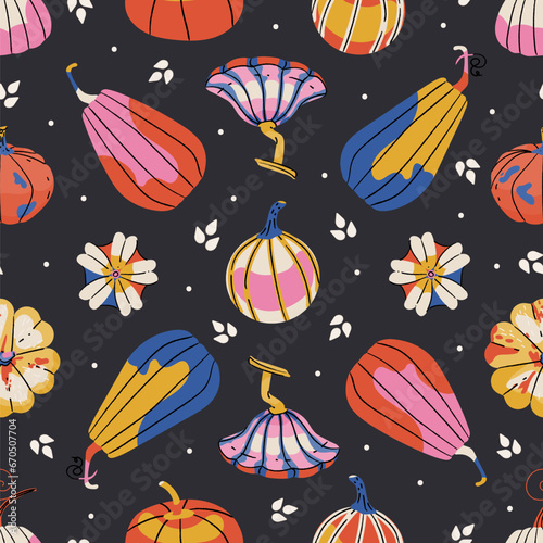 Vector autumn seamless pattern with colorful pumpkins on dark background. Perfect for Thanksgiving, fall, Halloween cards, fabric, banners, invites, wrapping paper, wallpaper