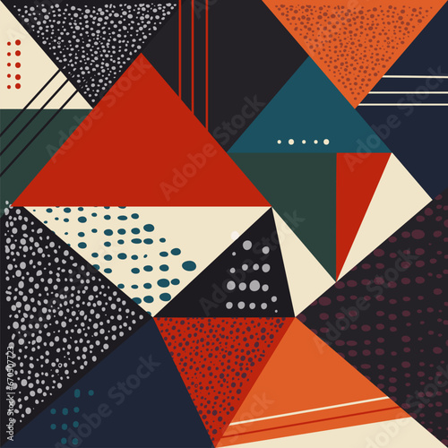Retro geometric triangle pattern. Blue, Orange, Red, Black tones vintage vector background. For textiles, table cloth, wrapping paper, banners, wallpapers, cover, card, fabric