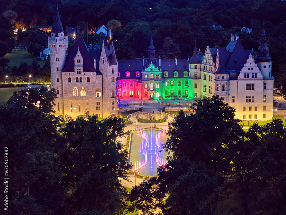 Moszna Castle from above at night a fairytale like castle with many