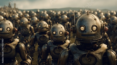 A vintage-style formation of marching AI robots, representing a large army with a retro and metallic appearance in a battlefield and science fiction context photo