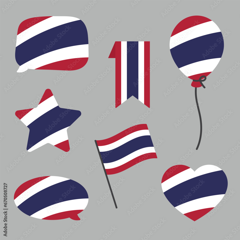 Obraz premium Red, white and blue colored heart, speech bubble, star, balloon icons, as the colors of Thailand flag. Flat vector illustration.