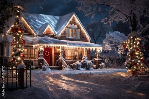 Christmas House, A Cozy Winter Retreat Adorned with Festive Lights, Twinkling Ornaments, and Snow-Covered Decor, Welcoming All to Celebrate the Season in Style