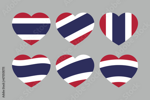 Red, white and blue colored heart icons, as the colors of Thailand flag. Flat vector illustration. 
