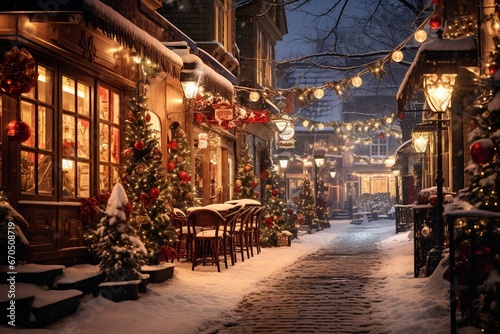 Christmas Street, A Cozy Holiday Haven Brimming with Luminous Lights, Ornate Decor, and Snowy Pathways, Inviting You to Share in the Joy of Christmas © Simn