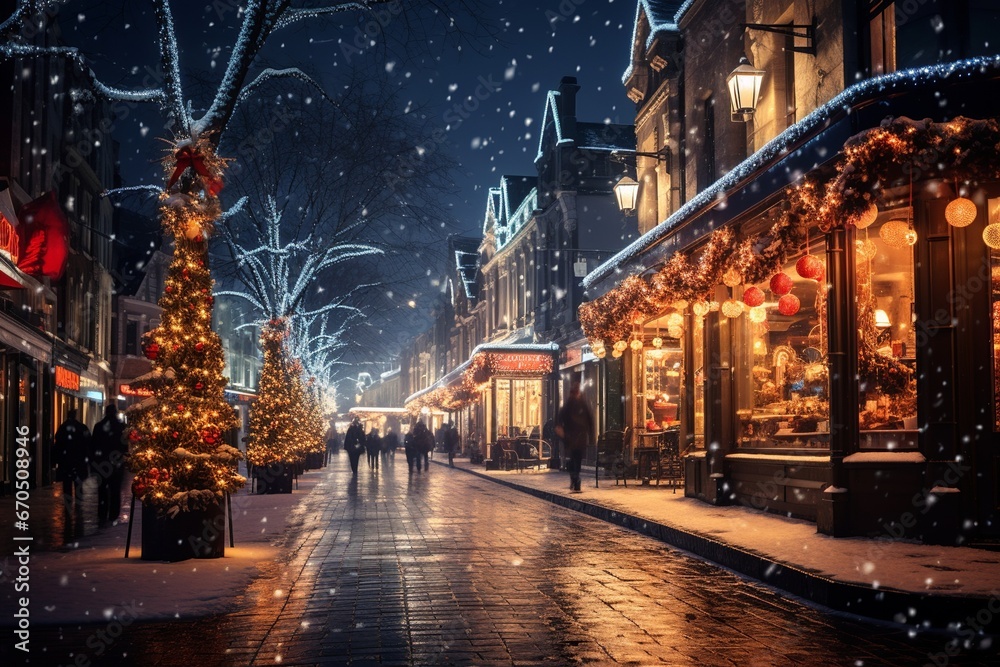 Christmas Street, A Magical Winter Avenue Adorned with Dazzling Lights, Charming Decorations, and a Snow-Kissed Landscape, Creating a Heartwarming Holiday Scene
