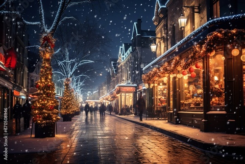 Christmas Street, A Magical Winter Avenue Adorned with Dazzling Lights, Charming Decorations, and a Snow-Kissed Landscape, Creating a Heartwarming Holiday Scene