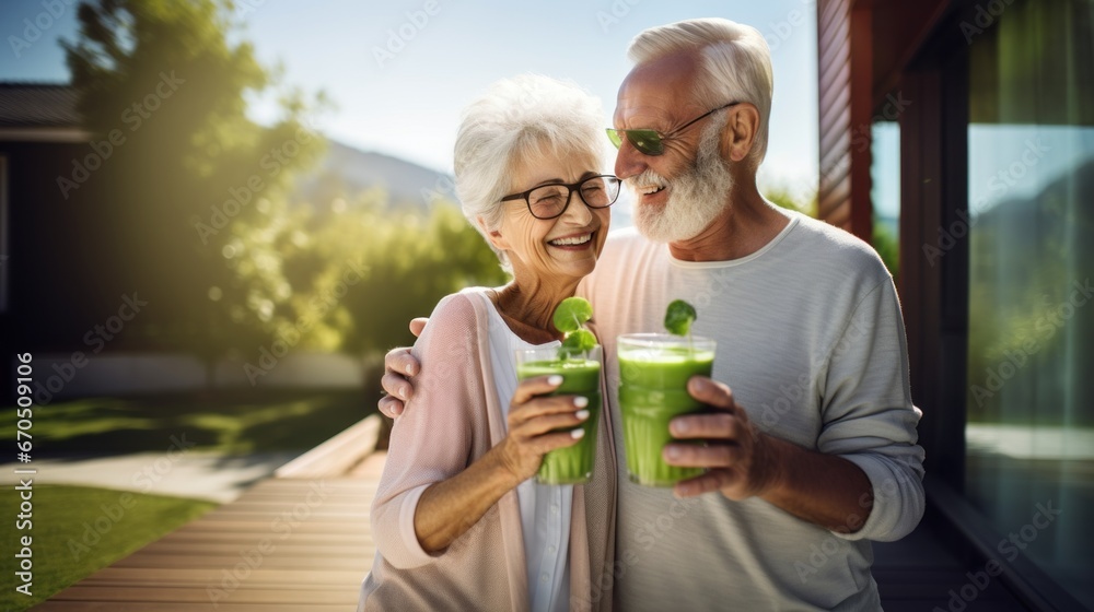 A retired couple drinks and enjoys a healthy green vegetable smoothie made from organic greens in the background of their home, Vegetarian detox diet for health A retired couple drinks and enjoys a healthy green vegetable smoothie made from organic greens in the background of their home, Vegetarian detox diet for health