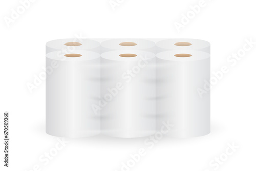 Toilet paper package white mockup with transparent packaging. Hygiene cleaning tissues in transparent package. Soft absorbent towels vector set. Realistic paper toilet in roll. Vector illustration
