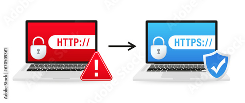 HTTP and HTTPS protocols, safe web surfing and data encryption. Http and https protocols on shield on laptop, on white background. Vector illustration