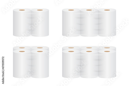 Realistic white toilet paper rolls in plastic pack mockup. Hygiene cleaning tissues in transparent package. Soft absorbent towels vector set. Realistic paper toilet in roll. Vector illustration