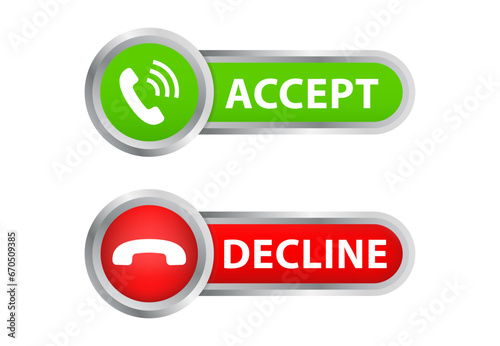 Phone call button icon. Answer and decline phone call buttons. Accept phone ringing. Telephone sign Incoming call. Voice call screen Phone calls icons accept and decline. Vector illustration