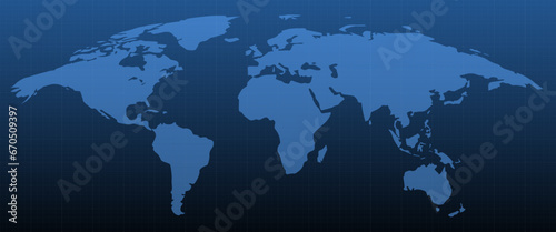 Blue blank vector world map isolated on dark blue background. Flat earth, globe world map icon. Blue geopolitical map of World. Top view with background grid. Vector illustration