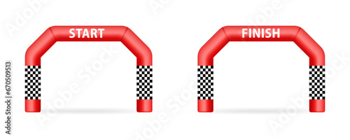 Start, finish flag and banner for concept design. Inflatable finishing arch illustration. Red inflatable arch, suitable for a variety of outdoor sports activities. Vector illustration