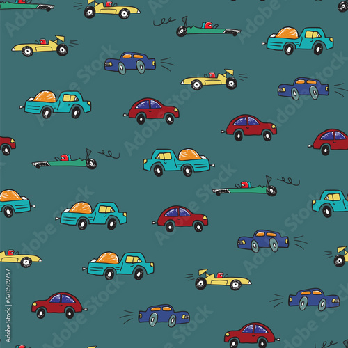 Funny doodle cars vector seamless pattern.