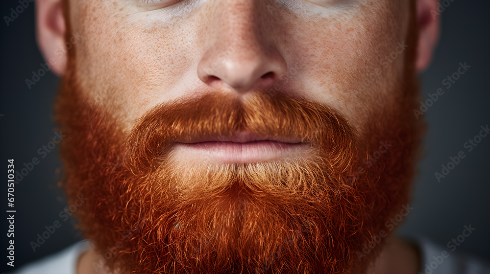 Obraz premium Perfect beard Close up. Handsome bearded young man close up. beautiful well-groomed red beard of elegant hipster male.