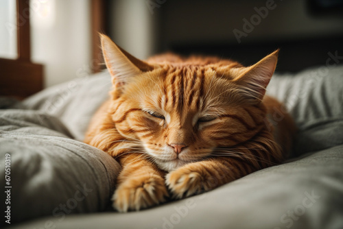 Ginger cat sleeps in bed. Generative AI. © Adri Zen