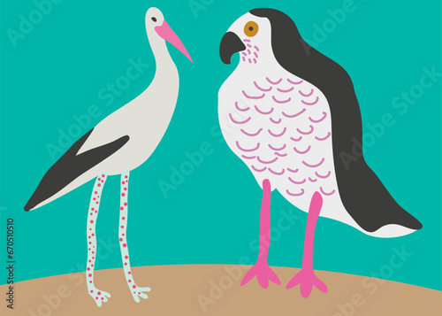 stork and song hawk vector. wild animal in flat style. Template for poster logo icon for app website. Series of animal images in flat style