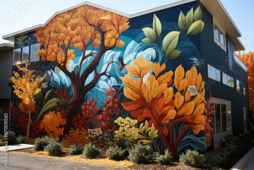 Wildlife mural showcasing local flora and fauna, Generative AI 