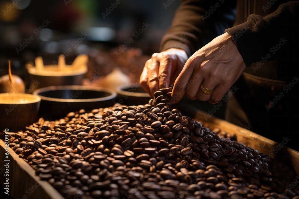 Coffee shop's barista hand-grinding fresh coffee beans, Generative AI Coffee shop's barista hand-grinding fresh coffee beans, Generative AI