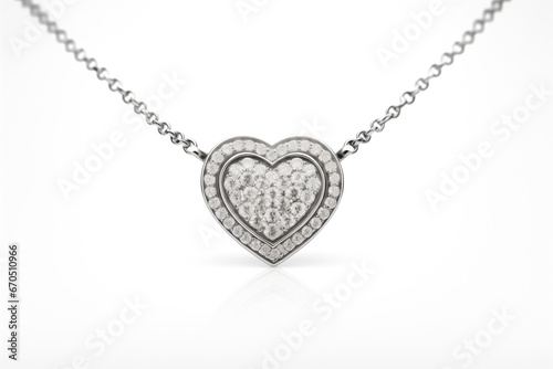 Silver necklace in the shape of heart on white background