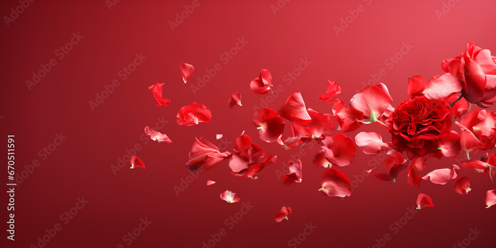 3d render of red rose petals on red background aromatherapy and extract, Explosion of red rose petals which looks like confetti, generative AI

