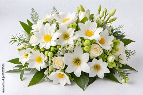 Bouquet of white flowers for a wedding  on a white background. ai generative