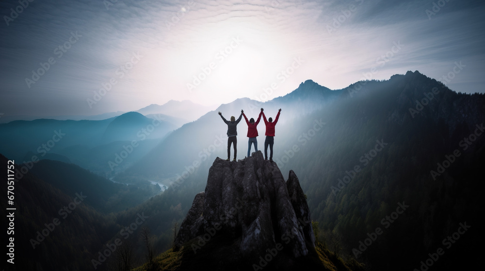 Together overcoming obstacles with three people holding hands up in the air on mountain top , celebrating success and achievements - obrazy, fototapety, plakaty 