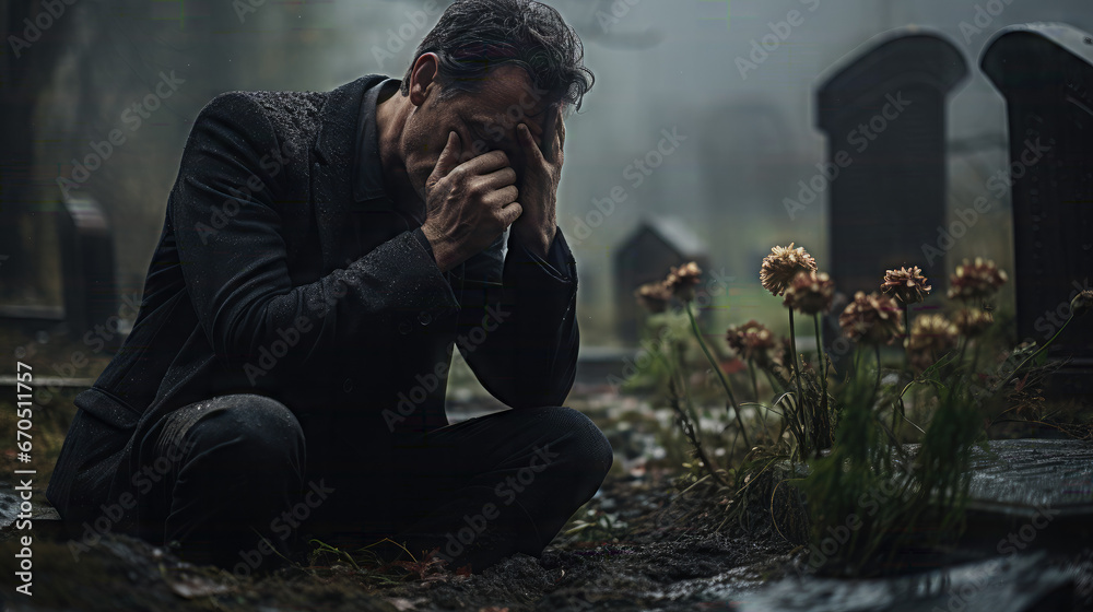 Christian man crying next to a grave with a headstone for a deceased relative in the family - obrazy, fototapety, plakaty 