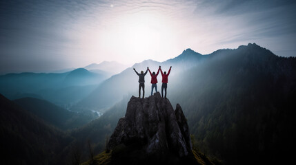 Together overcoming obstacles with three people holding hands up in the air on mountain top , celebrating success and achievements