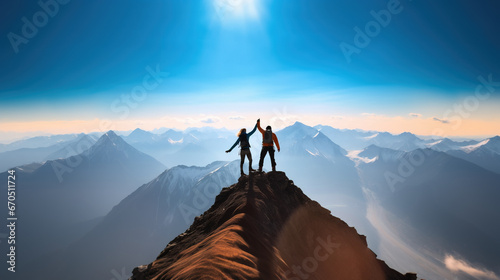 Couple celebrating success on mountain top by holding hands up in the air photo