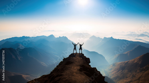 Silhouette of two hikers with arms raised celebrating success on mountain top in panoramic mountain scene