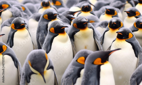 Close-up of penguin huddle in cold winter day