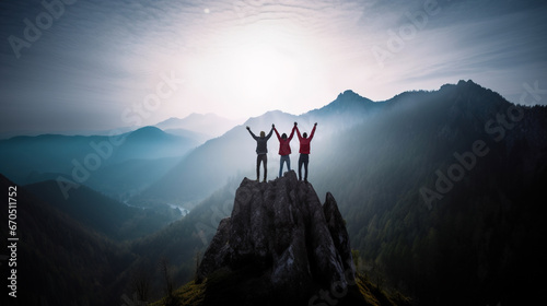 Together overcoming obstacles with three people holding hands up in the air on mountain top , celebrating success and achievements © IBEX.Media