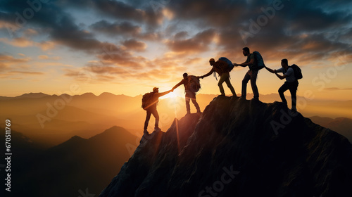 Group of hikers in silhouette giving each other a helping hand, working together to get to the top photo