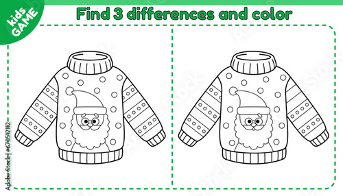 Kids game Find 3 differences with cartoon Christmas ugly sweater. Compare holiday New Year jumper with Santa Claus. Spot different details. Coloring page for children. Black and white outline vector.