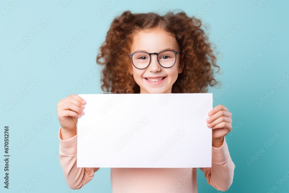 smiling girl holding a blank placard sign poster paper in his hands