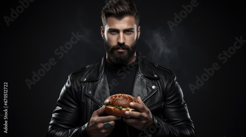 Young attractive man with a beard in a leather jacket holding a burger. Fast food restaurant delivery concept design