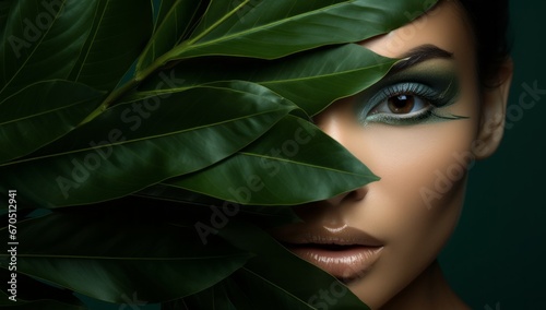 Beautiful woman with a green leaf over her face, bright cosmetic makeup, facial skincare