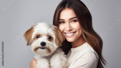 Portrait of a happy woman hugging her dog on a white background