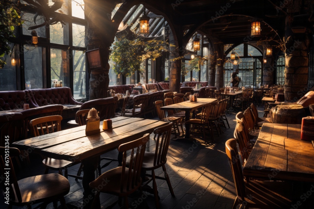 Coffee shop's rustic wooden interior with warm lighting, Generative AI