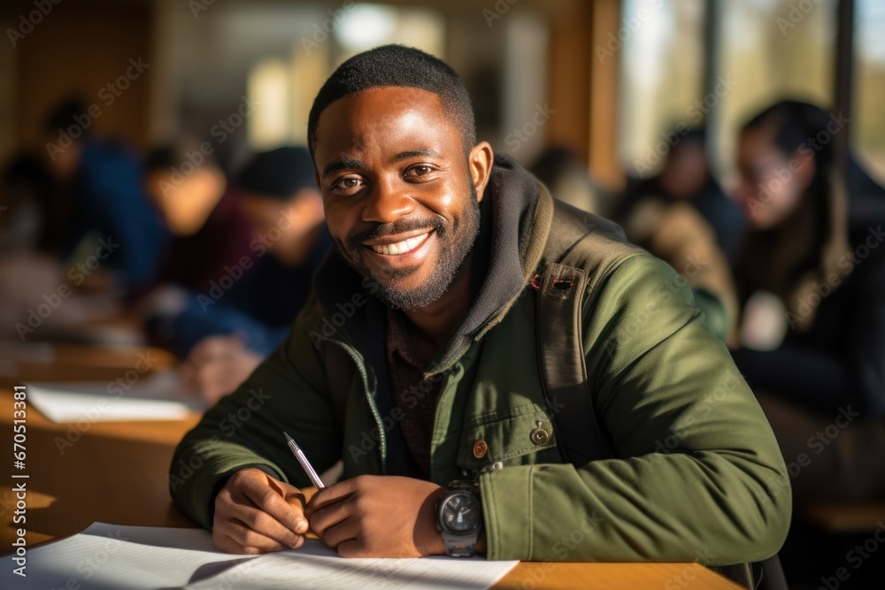 Obraz premium African Man Writing Down Notes in Notebook And Smiling. Group of International