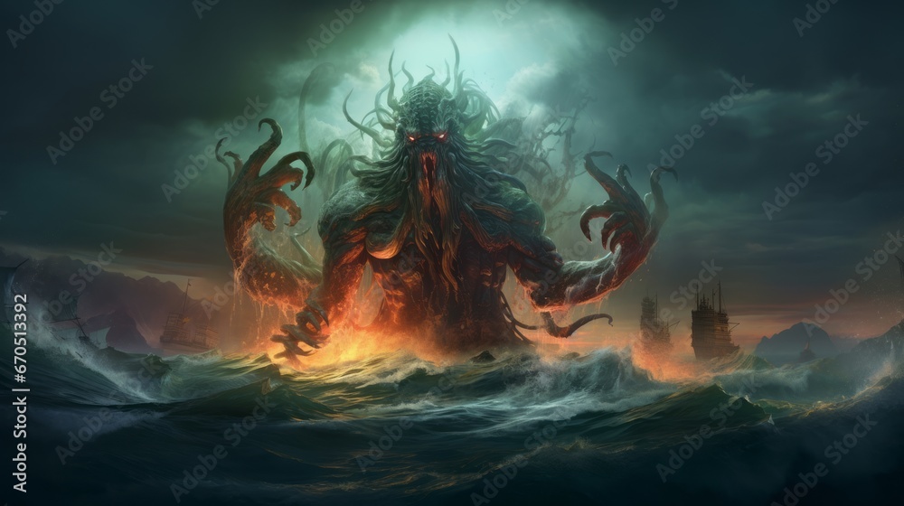 Mysterious monster Cthulhu in the sea, attack boat huge tentacles sticking out of the water, landscape - obrazy, fototapety, plakaty 