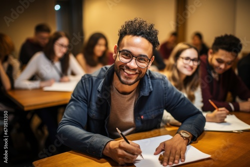 African Man Writing Down Notes in Notebook And Smiling. Group of International