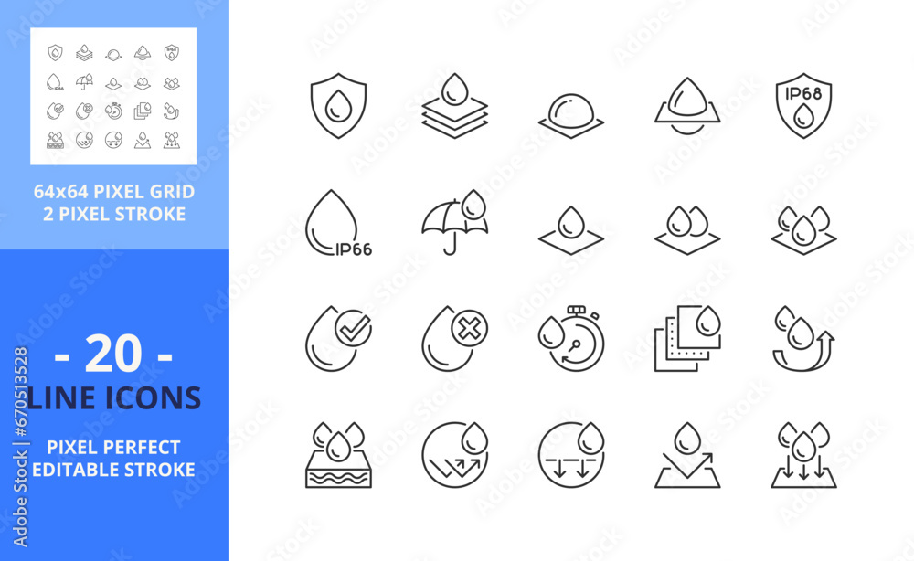 Line icons about waterproof and absorbency. Pixel perfect 64x64 and editable stroke