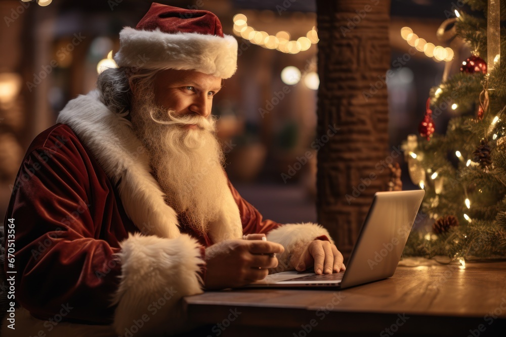 Christmas is sitting and using a modern laptop computer. Santa is traveling online Communicate with customers Christmas is sitting and using a modern laptop computer. Santa is traveling online Communicate with customers