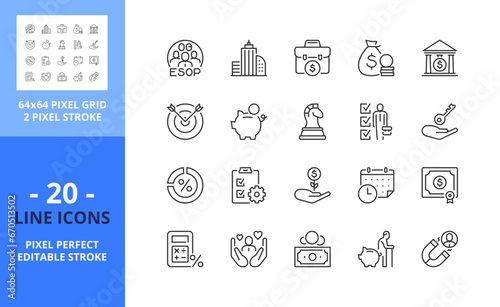 Line icons about ESOP employee stock ownership plan. Pixel perfect 64x64 and editable stroke