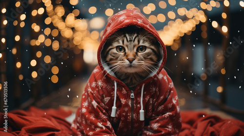 Cute cat at in a sweatshirt on bokeh background. Generative AI