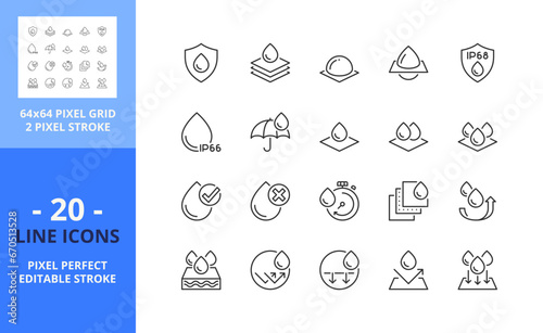 Line icons about waterproof and absorbency. Pixel perfect 64x64 and editable stroke